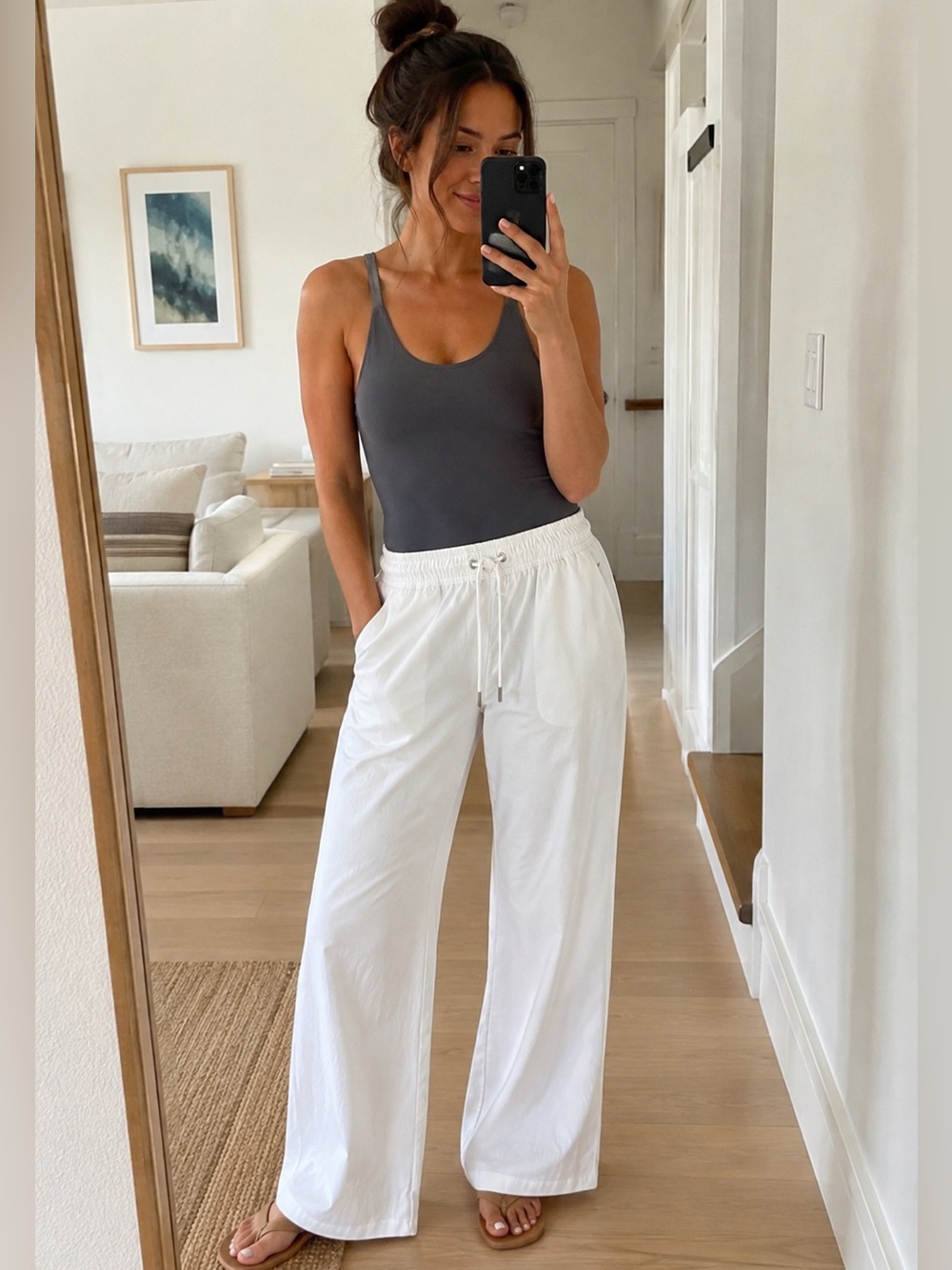 Athleta White Wide Leg Drawstring Pants Size M Tall Lightweight Pull On